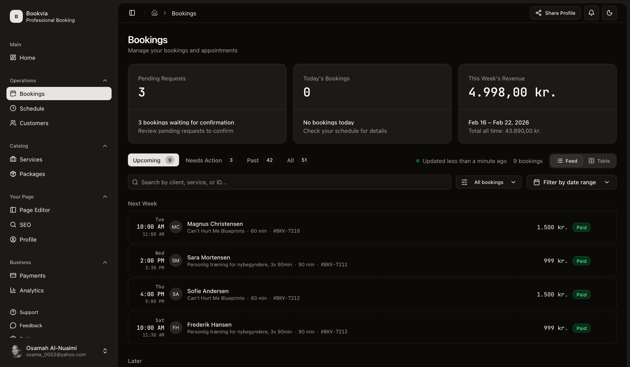 Bookvia dashboard in dark mode